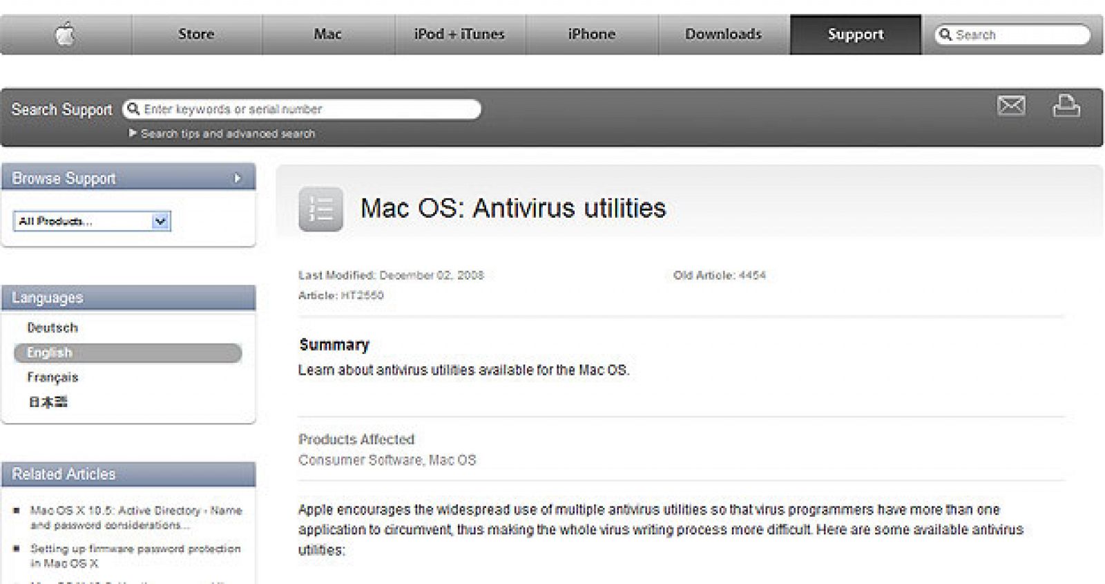 Imagen de la página de servicio técnico de Apple que recomienda la instalación de antivirus.