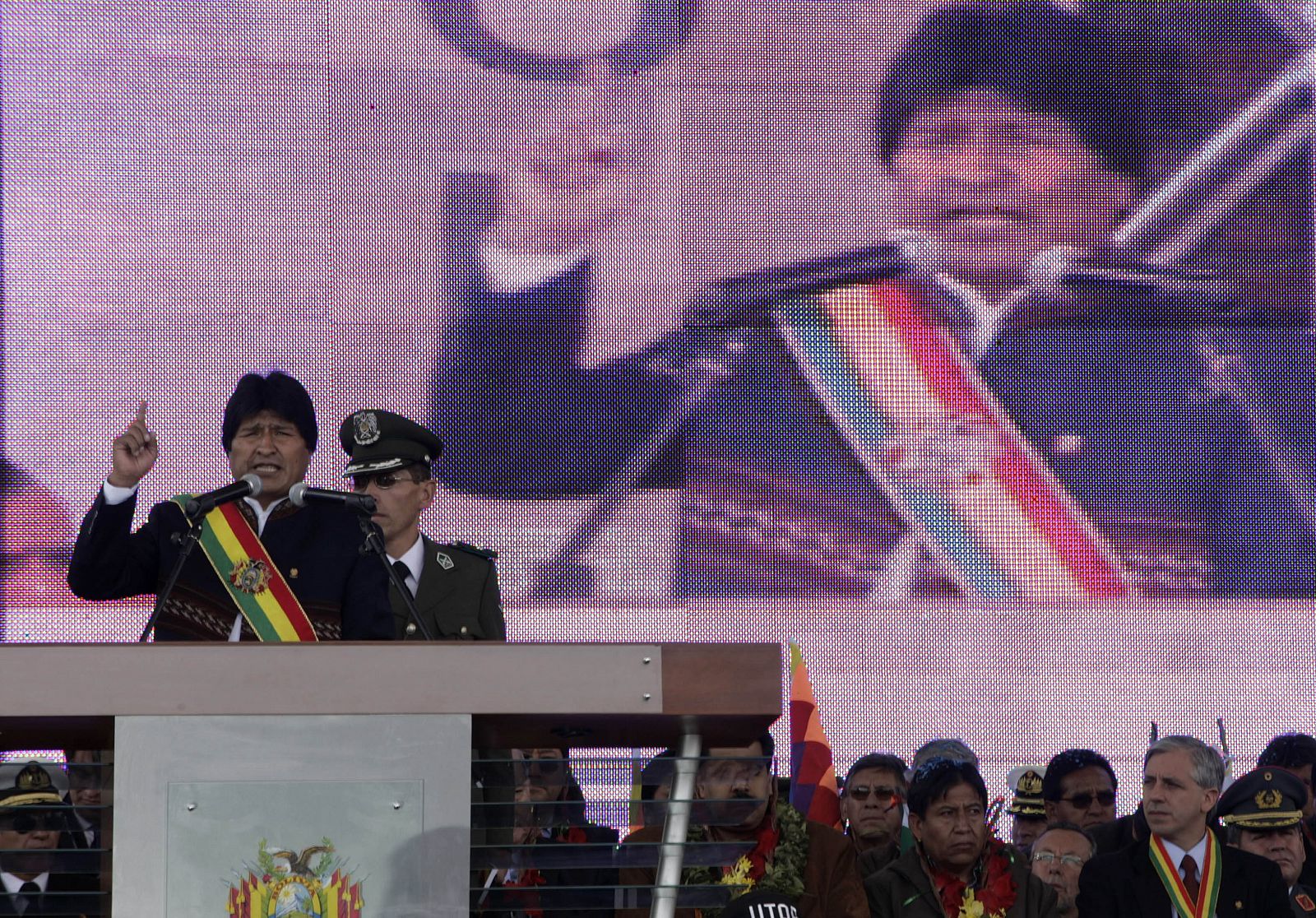 Bolivian President Evo Morales makes a speech before promulgating the new Constitution in a public gathering of his supporters in El Alto