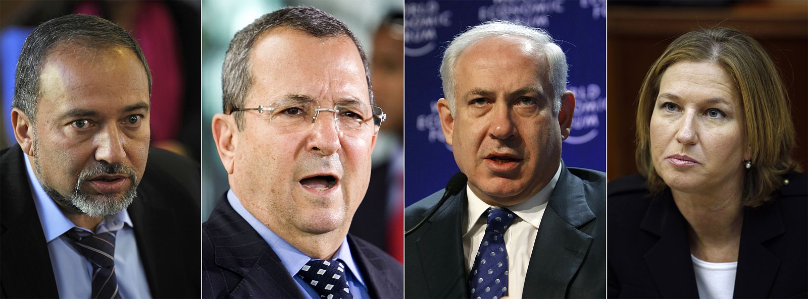 De izquierda a derecha, Avigdor Lieberman, Ehud Barak, Benjamin Netanyahu y Tzipi Livni, principales candidatos en las elecciones israelíes.