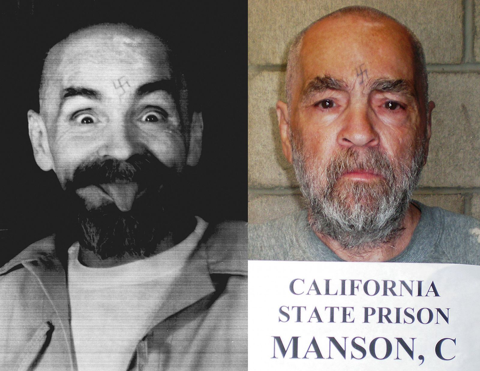 El asesino Charles Manson en 1989 y en una nueva fotografía actualizada tomada en 2009.