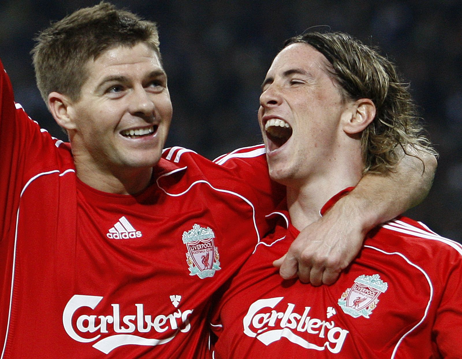 Liverpool's Torres celebrates goal aginst Inter Milan with Gerrard during Champions League soccer match in Milan
