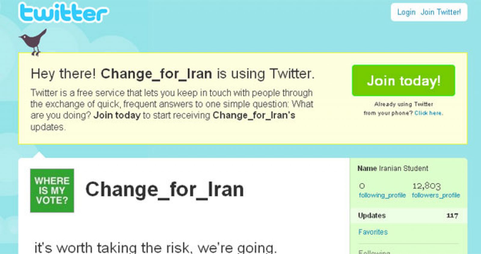 Uno de los grupos de Twitter dedicados a informar sobre las protestas en Irán.