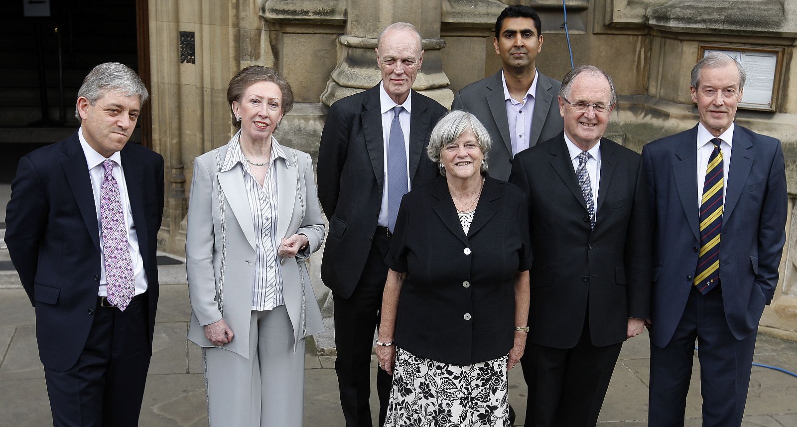 Candidates for the position of Speaker of Britain's House of Commons pose for media outside St. Stephen's entrance at the Houses of Parliament in Westminster, central London