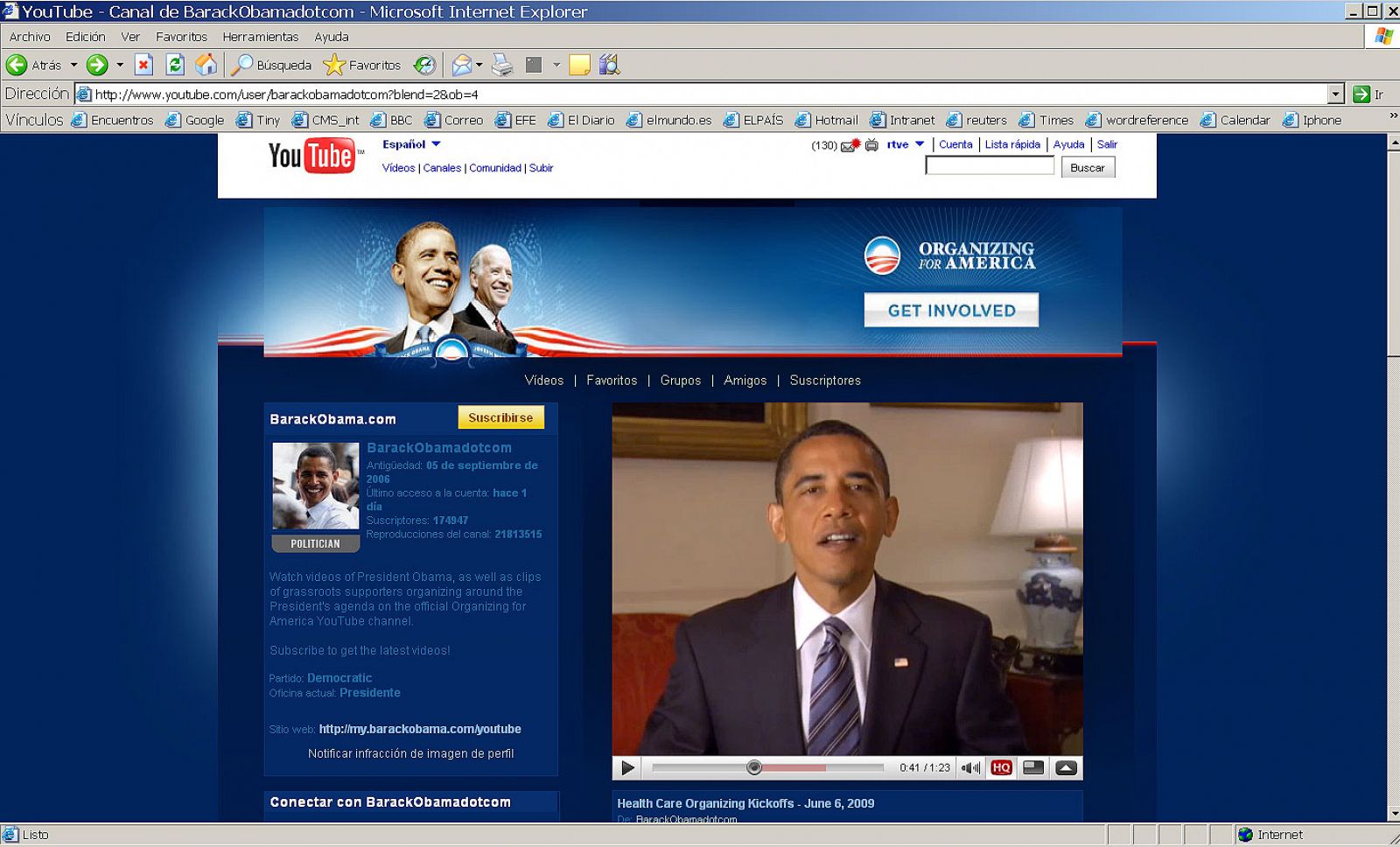 Imagen del canal de Barack Obama en YouTube