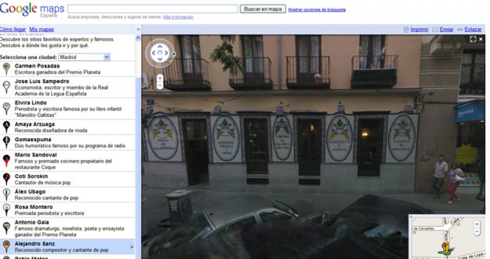 Vista en Google Maps de "Cervecería la Dolores" uno de los sitios preferidos de Alejandro Sanz."El sitio donde mejor tiran la cerveza de todo Madrid" según asegura el cantante