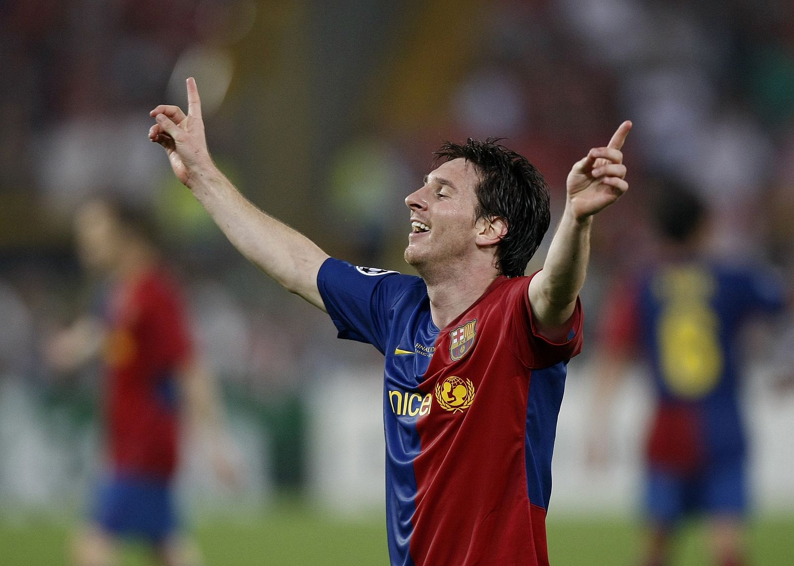 Barcelona's Messi celebrates goal during Champions League final against Manchester United in Rome