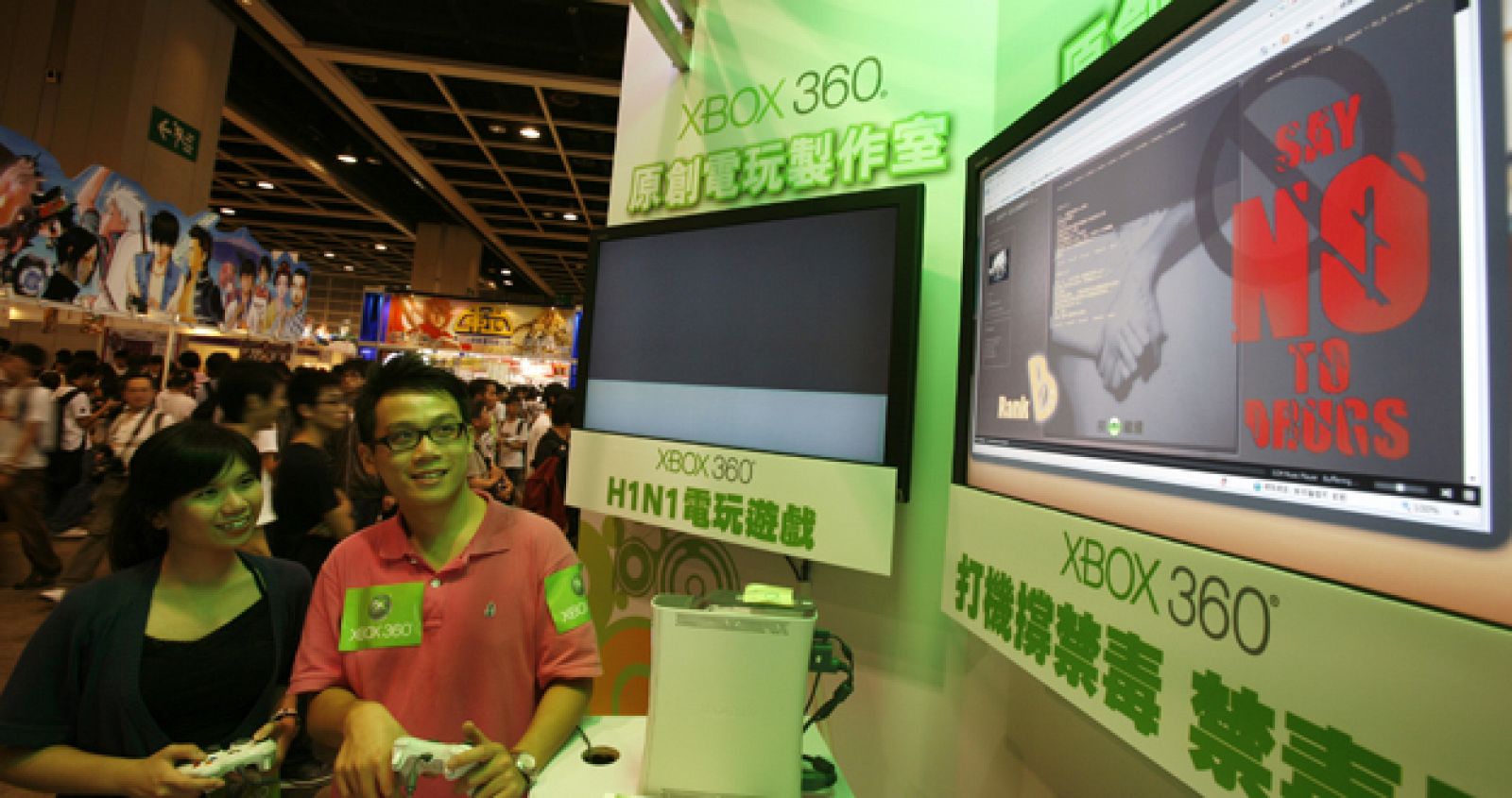 Staff at an Xbox booth demonstrate a anti-drug game during the annual Ani-Com & Games, a game and comic expo, in Hong Kong