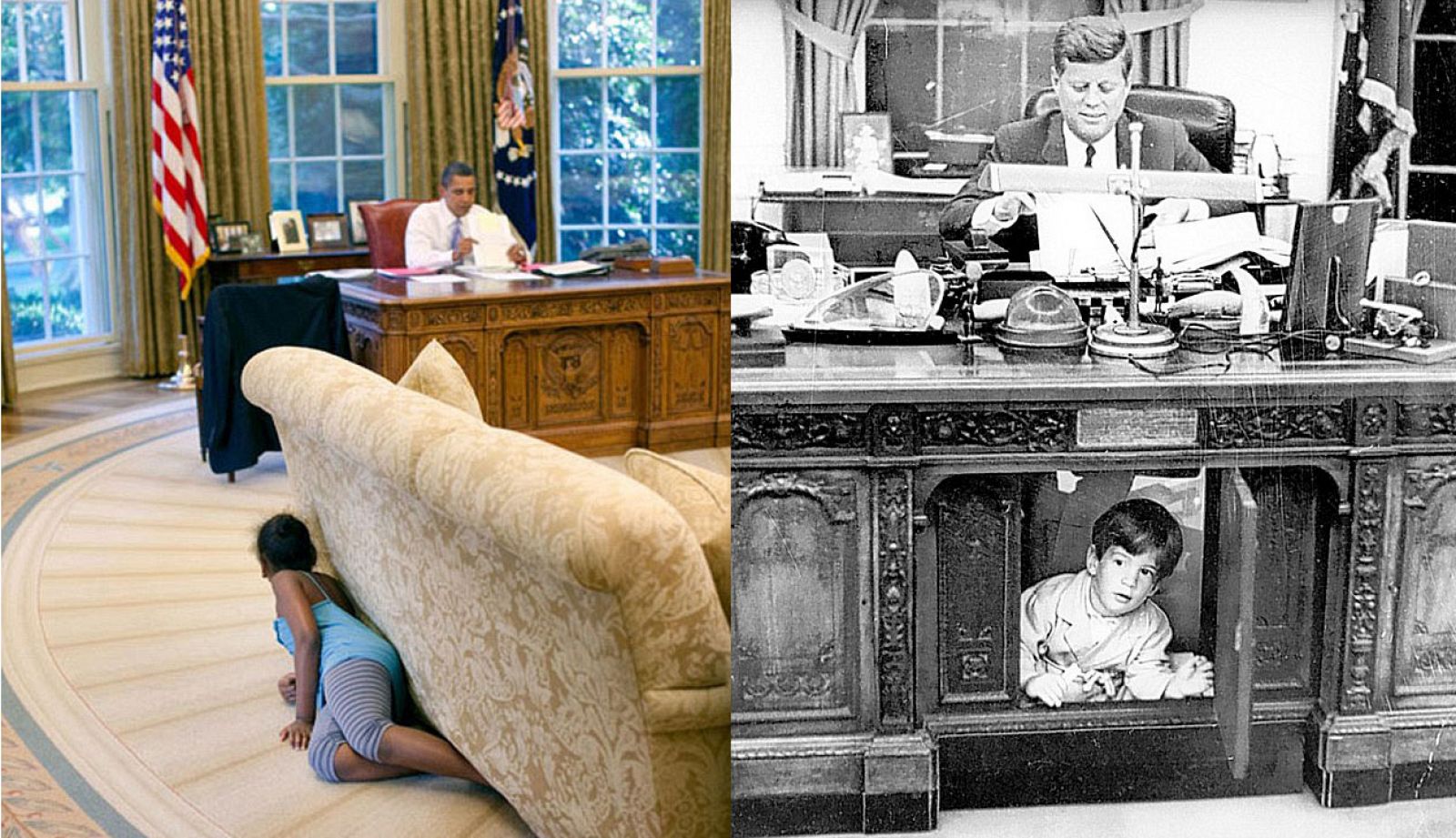 La Casa Blanca distribuye una foto de la hija pequeña de Obama que recuerda a la instantánea de John F. Kennedy Jr. jugando bajo el escritorio de su padre en 1963.