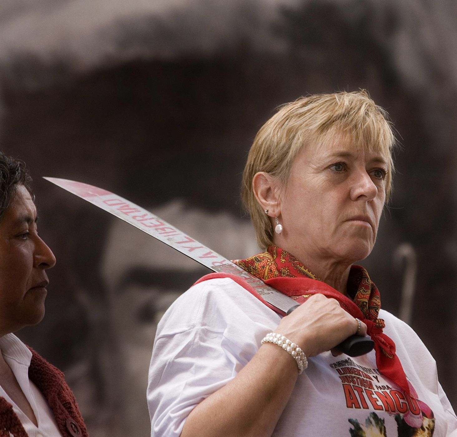 Jody Williams levanta en alto el machete de los campesinos mexicanos de Atenco.