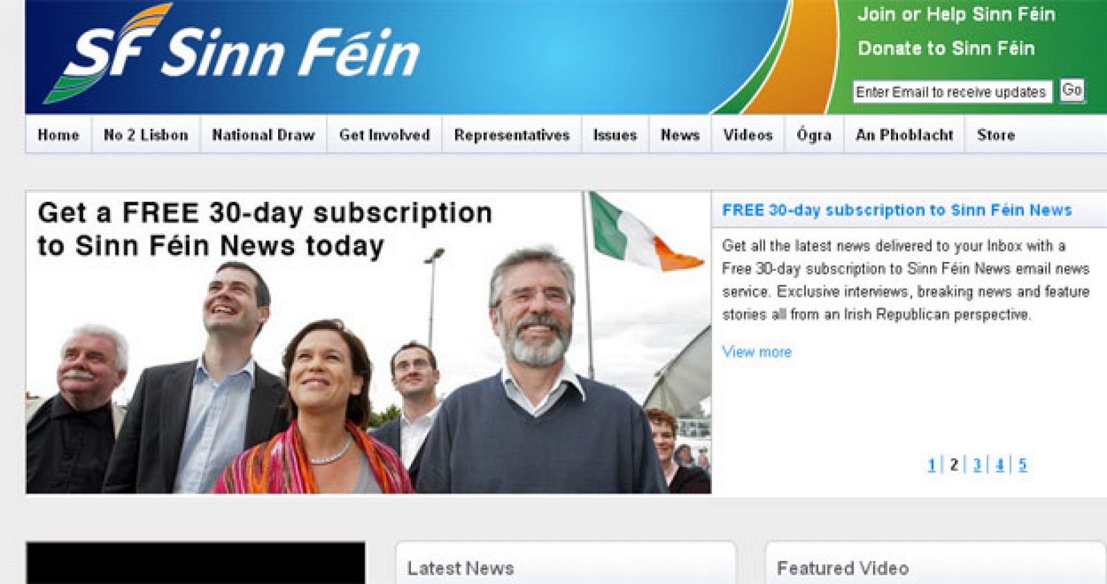 Gerry Adams (con barba) en la portada de la web de su partido, el Sinn Féin.