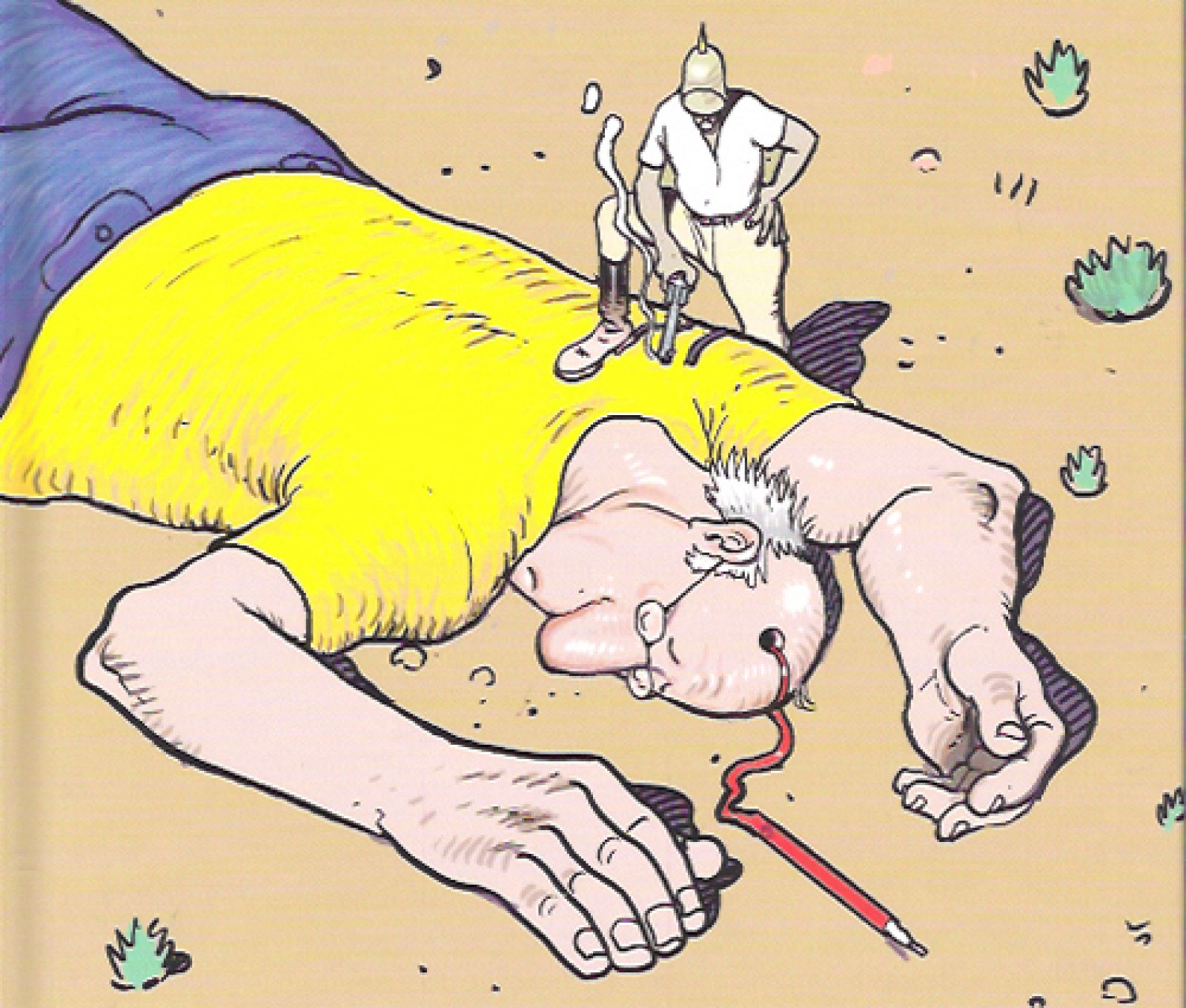 Con casi 70 años el creador de cómics se reinventa a sí mismo con este nuevo trabajo que ahora se publica en España. En la imagen se autorretrata asesinado por uno de sus personajes, el Mayor Hubert de 'El garaje hermético' Y la sangre que brota de su cerebro se convierte en un lápiz en una bella metáfora de la creatividad.