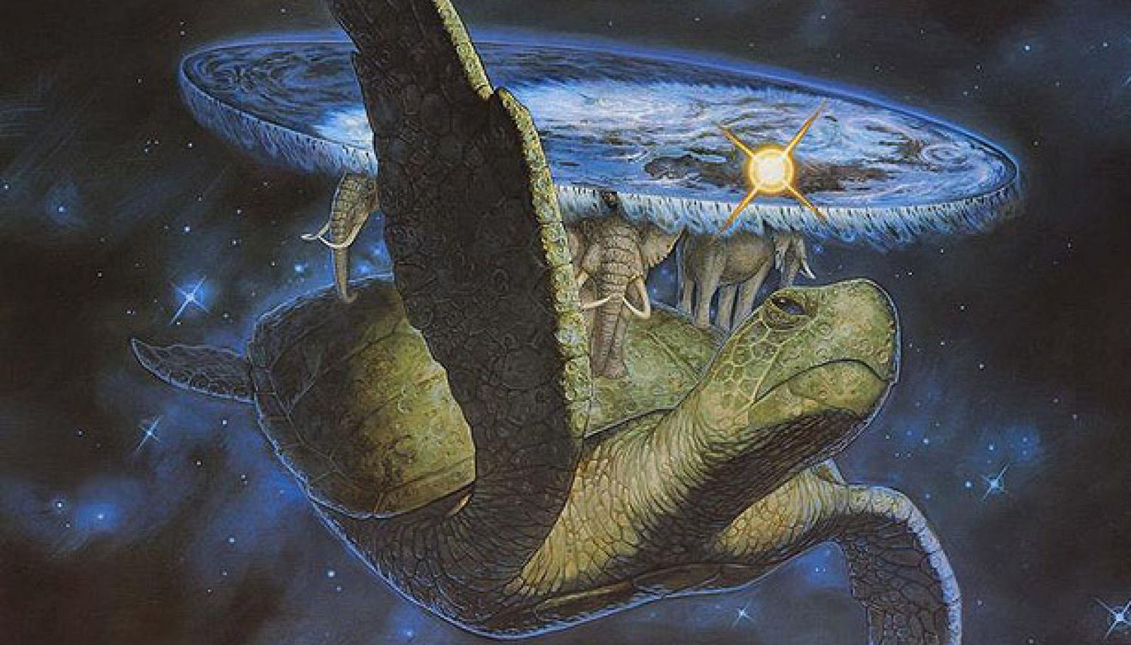 Espectaular versión de Paul Kidby de "Mundodisco", el planeta imaginario que sirve de escenario a la saga homónima de novelas escrita por Terry Pratchet