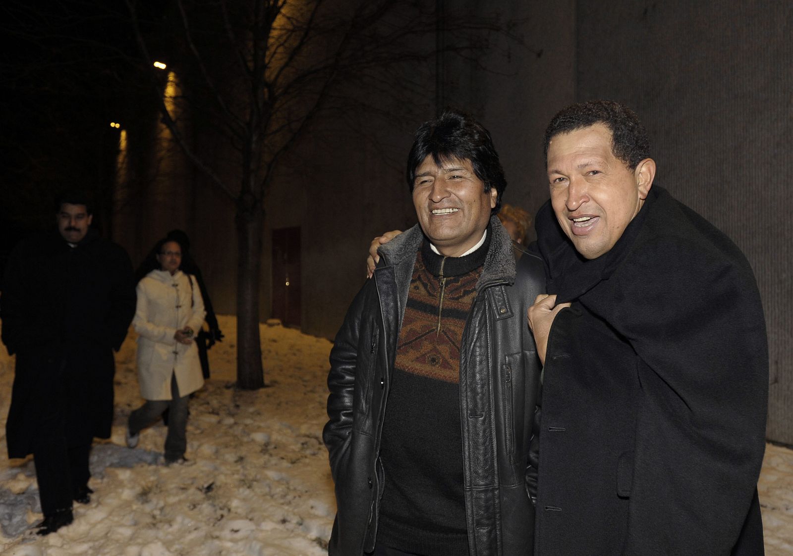 El presidente venezolano, Hugo Chávez, y su homólogo boliviano, Evo Morales, también sufren el frío y la nieve de Copenhague.