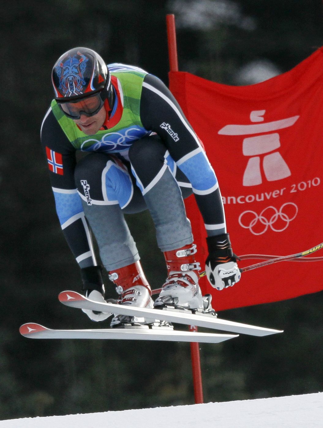Svindal of Norway is airborne during the men's Alpine Skiing Downhill race of the Vancouver 2010 Winter Olympics in Whistler