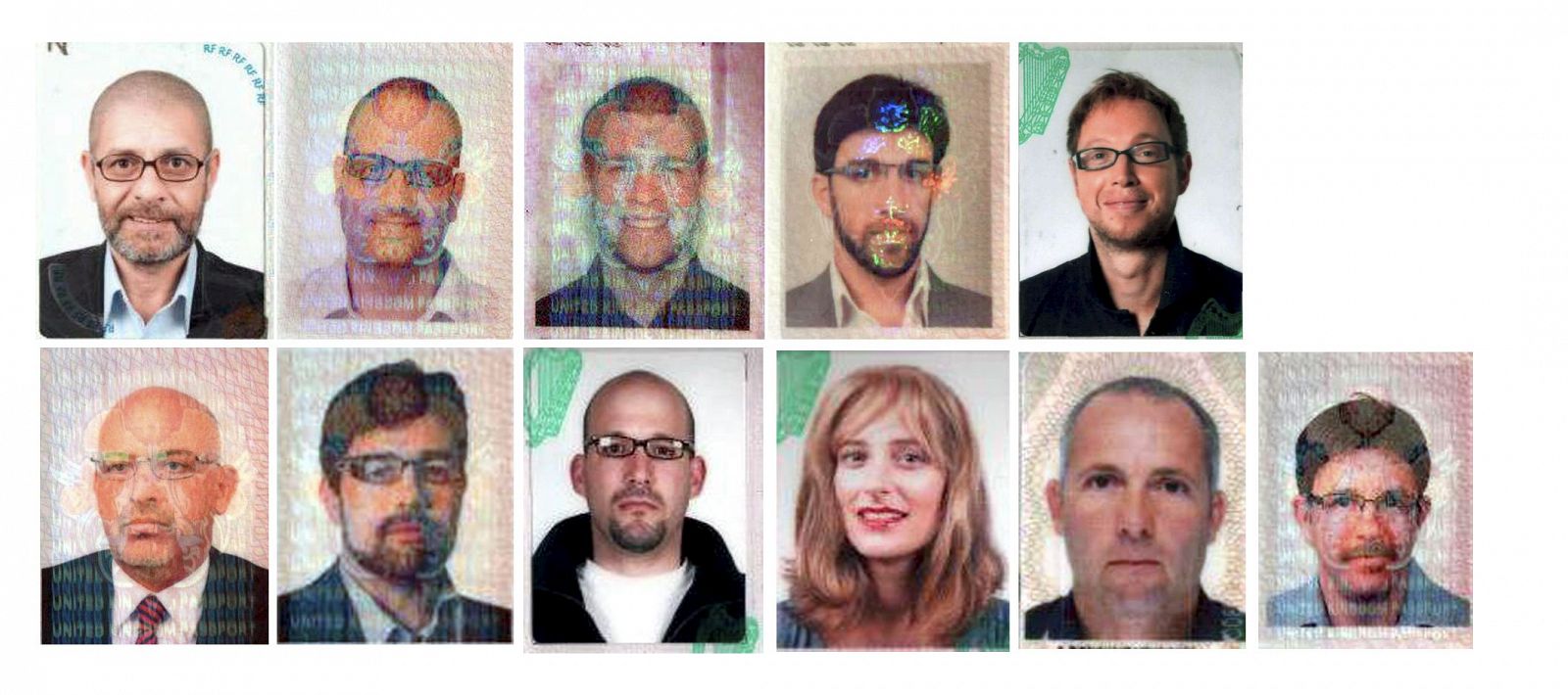Fotografias facilitadas por la policía de Dubai que muestran a 11 sospechosos de asesinatao con pasaportes europeos. Irlanda y Reino Unidos han asegurados que los documentos son falsos. EFE.