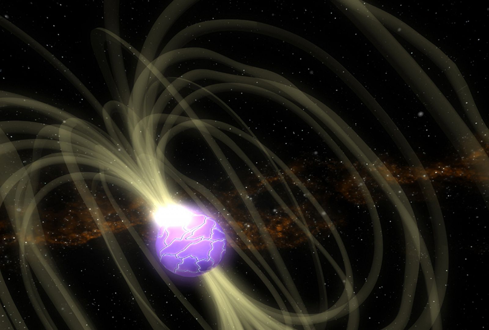 Representación artística de un magnetar que, tras el agrietamiento de su superficie, libera la energía almacenada en su potente campo magnético.