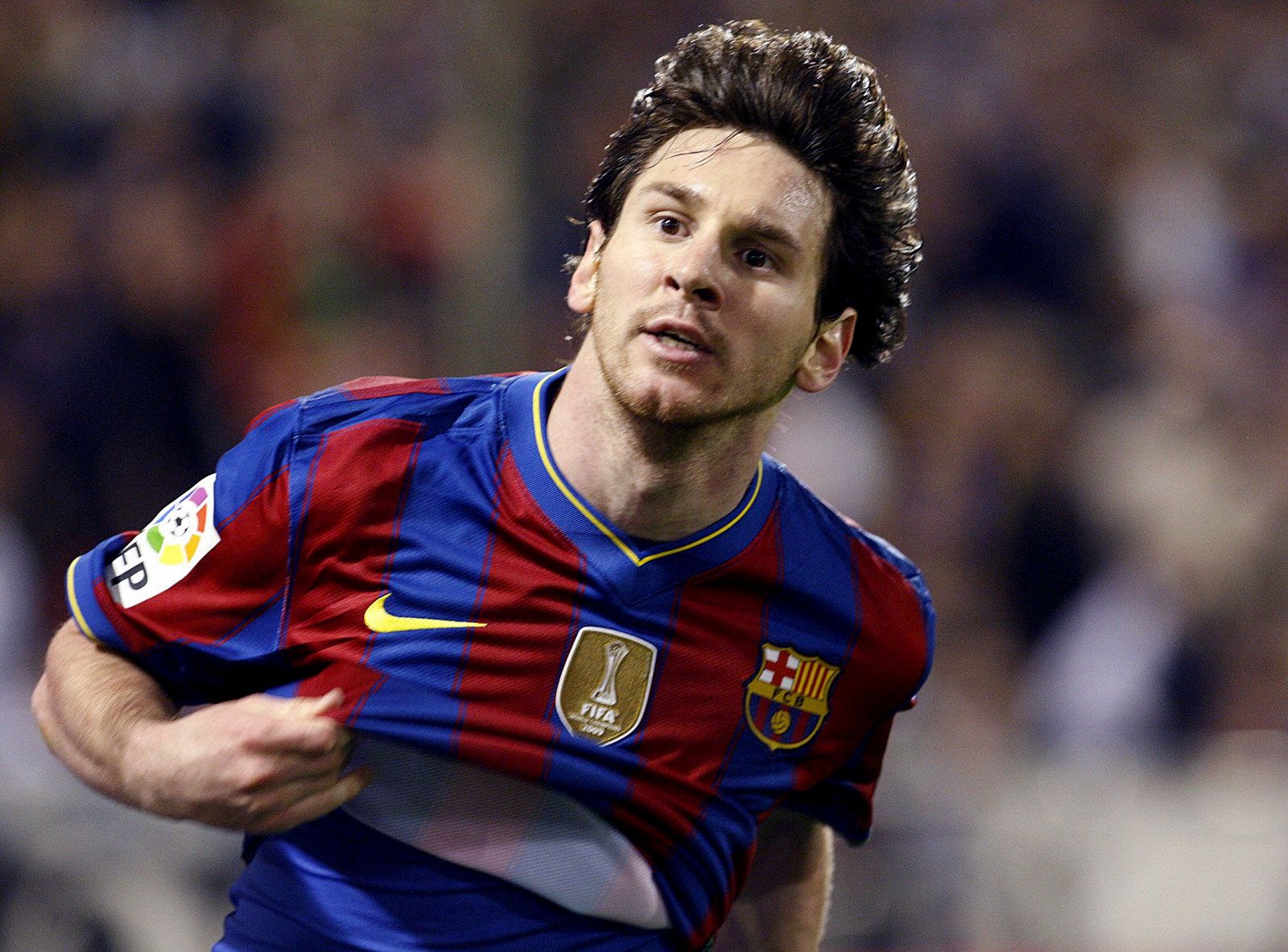 El delantero argentino del F. C. Barcelona, Leo Messi, celebra el segundo gol