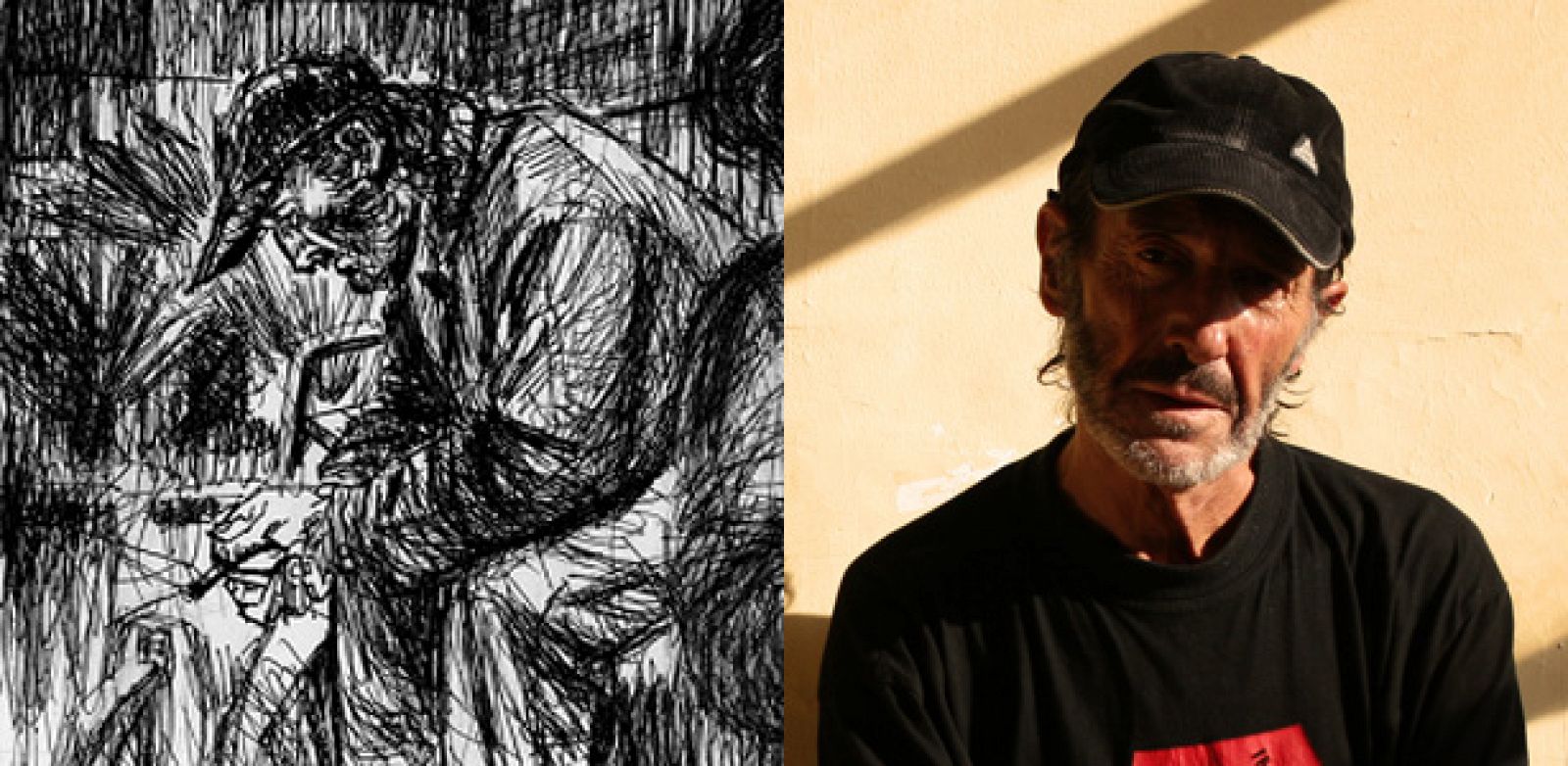 Autorretrato de Miguel Fuster durante los 15 años que vivió en la calle y foto del dibujante en la actualidad (65 años)