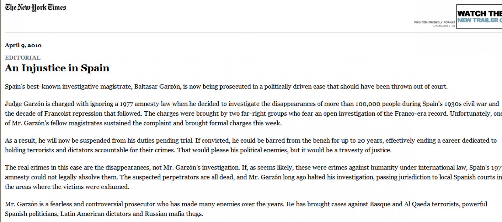 Editorial de 'The New York Times' en defensa de Garzón.