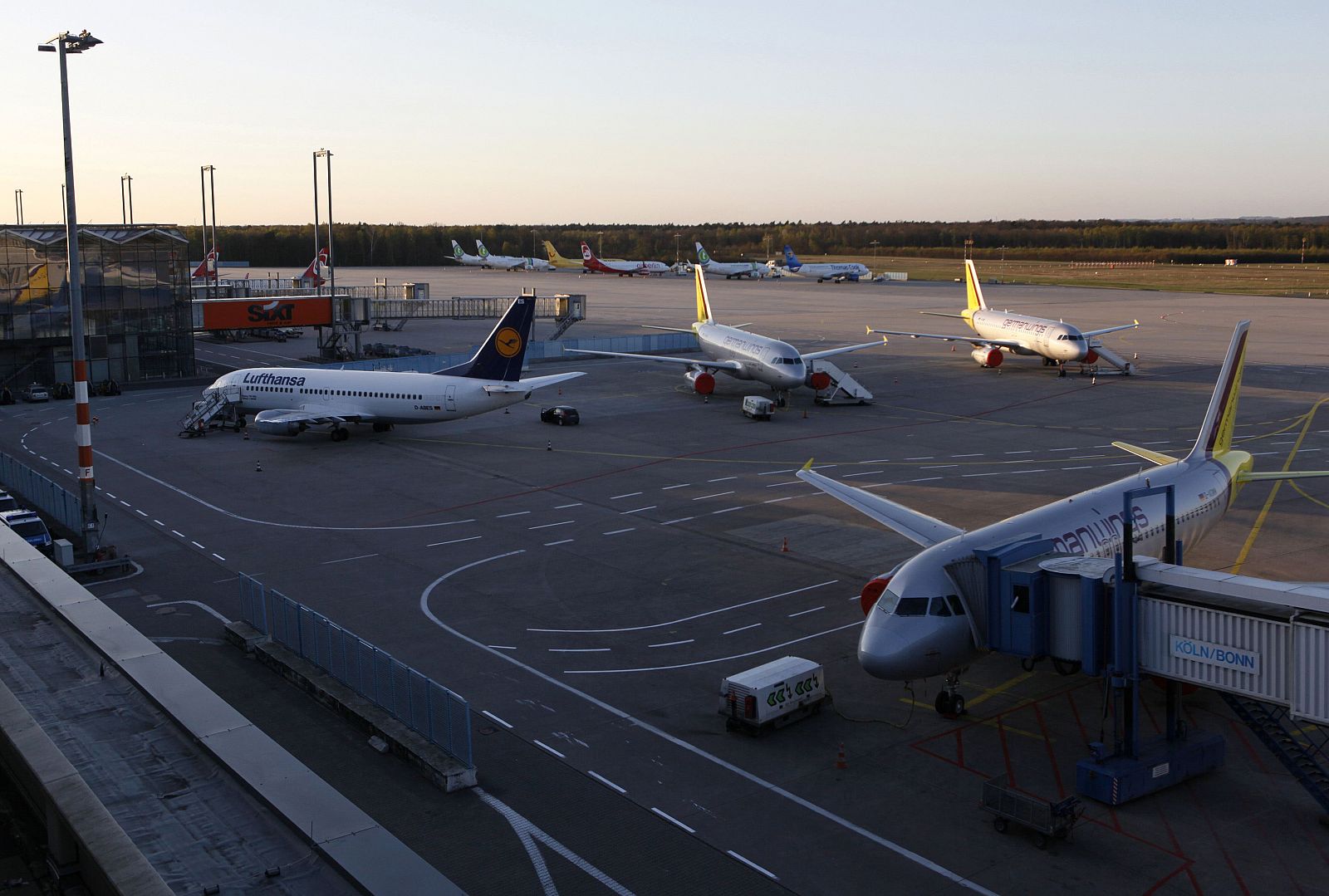 Planes are parked on the tarmac of the closed Cologne-Bonn airport