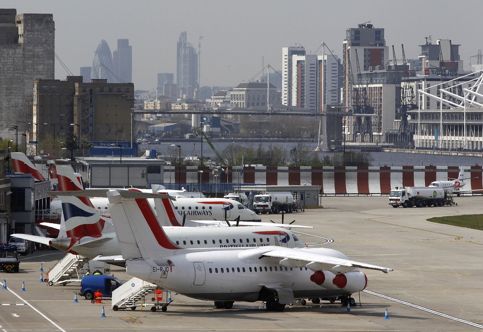 Grounded jets are seen parked at City Airport in London