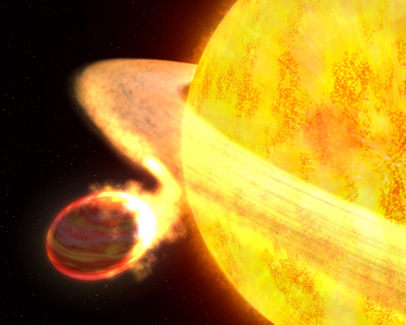 El exoplaneta, identificado como WASP-12b, está siendo absorbido poco a poco por su 'Sol'.