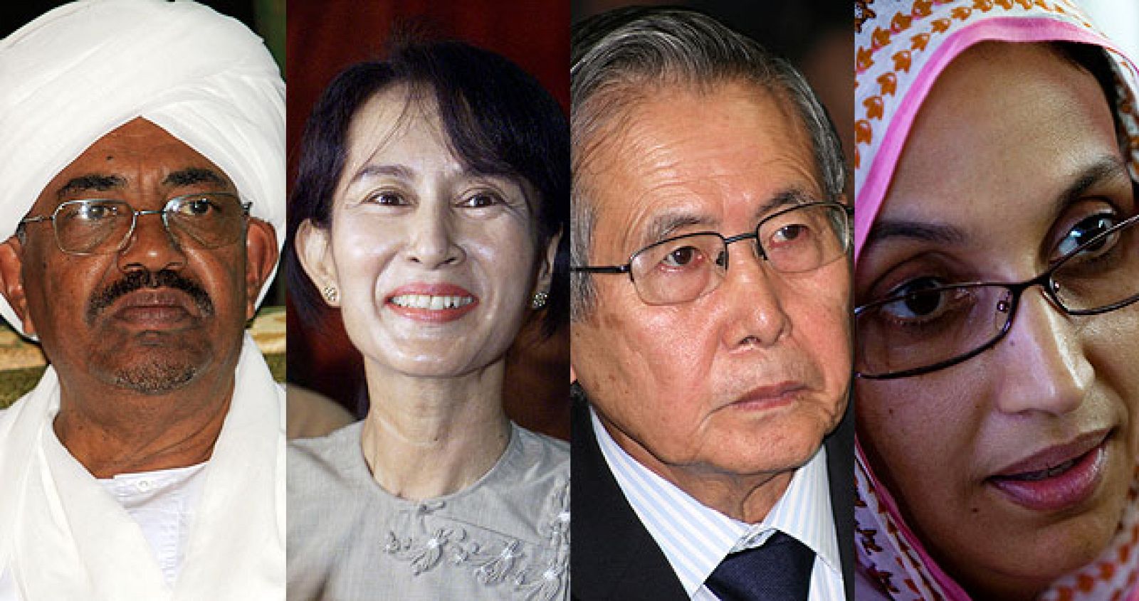 El presidente de Sudán, Omar Hassan Al Bachir, la premio Nobel de la Paz birmana, Aung Suu Kyi, el ex presidente peruano, Alberto Fujimori y la activista saharaui, Aminatu Haidar.