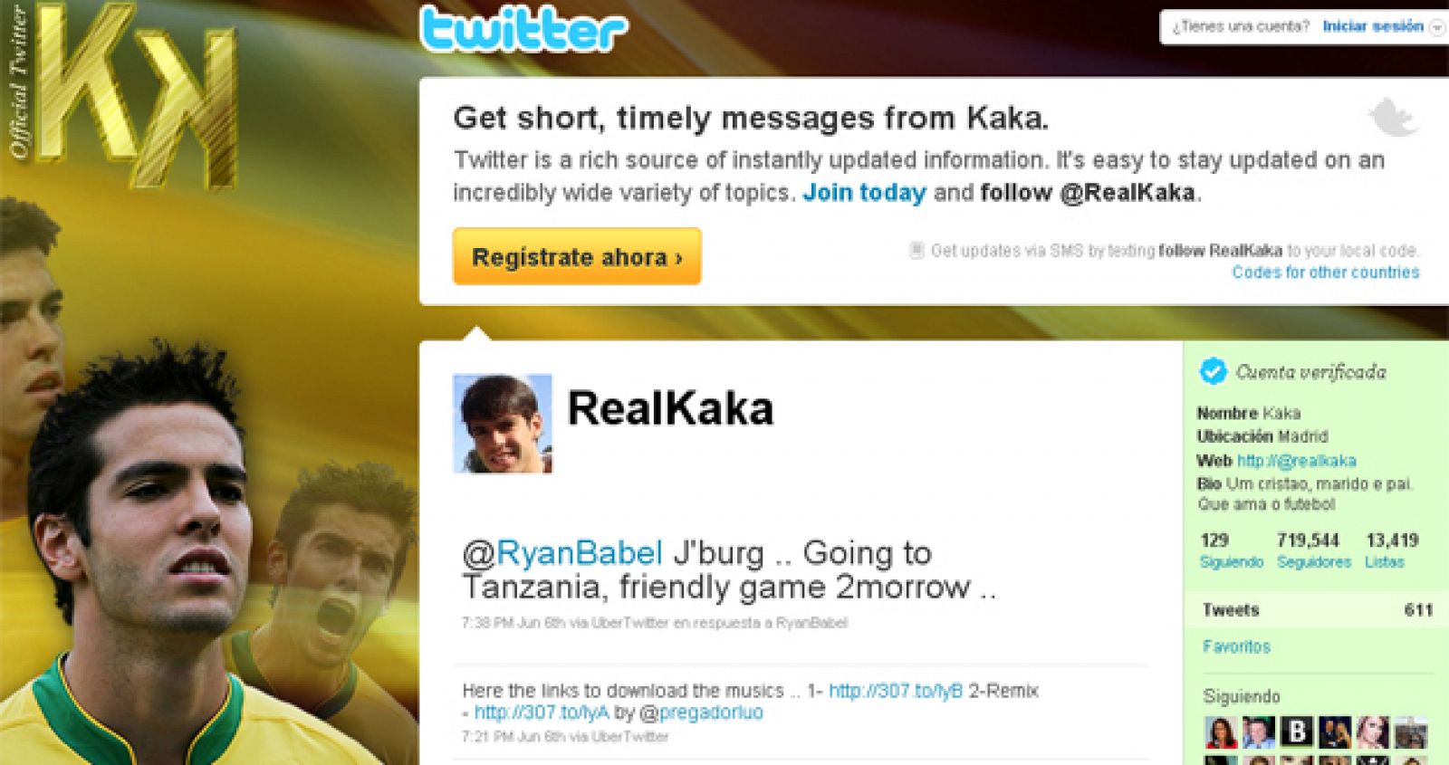 Imagen de portada del twitter personal del brasileño Kaká.
