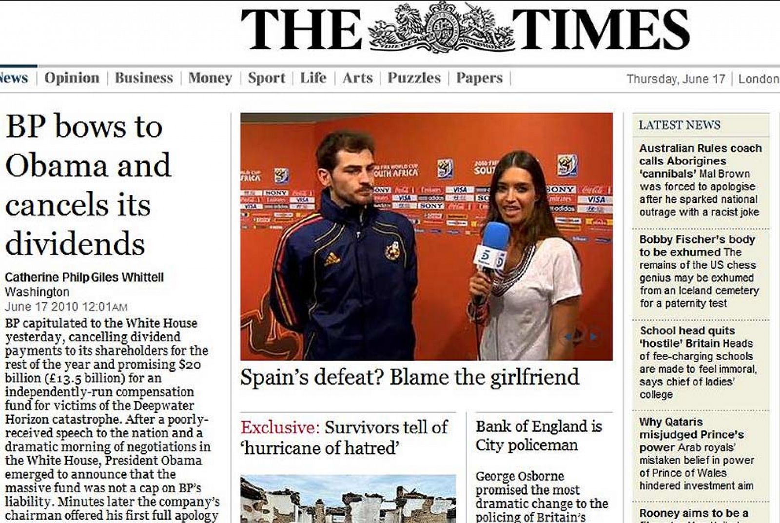 Portada del diario inglés Times que alude a la responsabilidad de Sara Carbonero en la derrota de España.