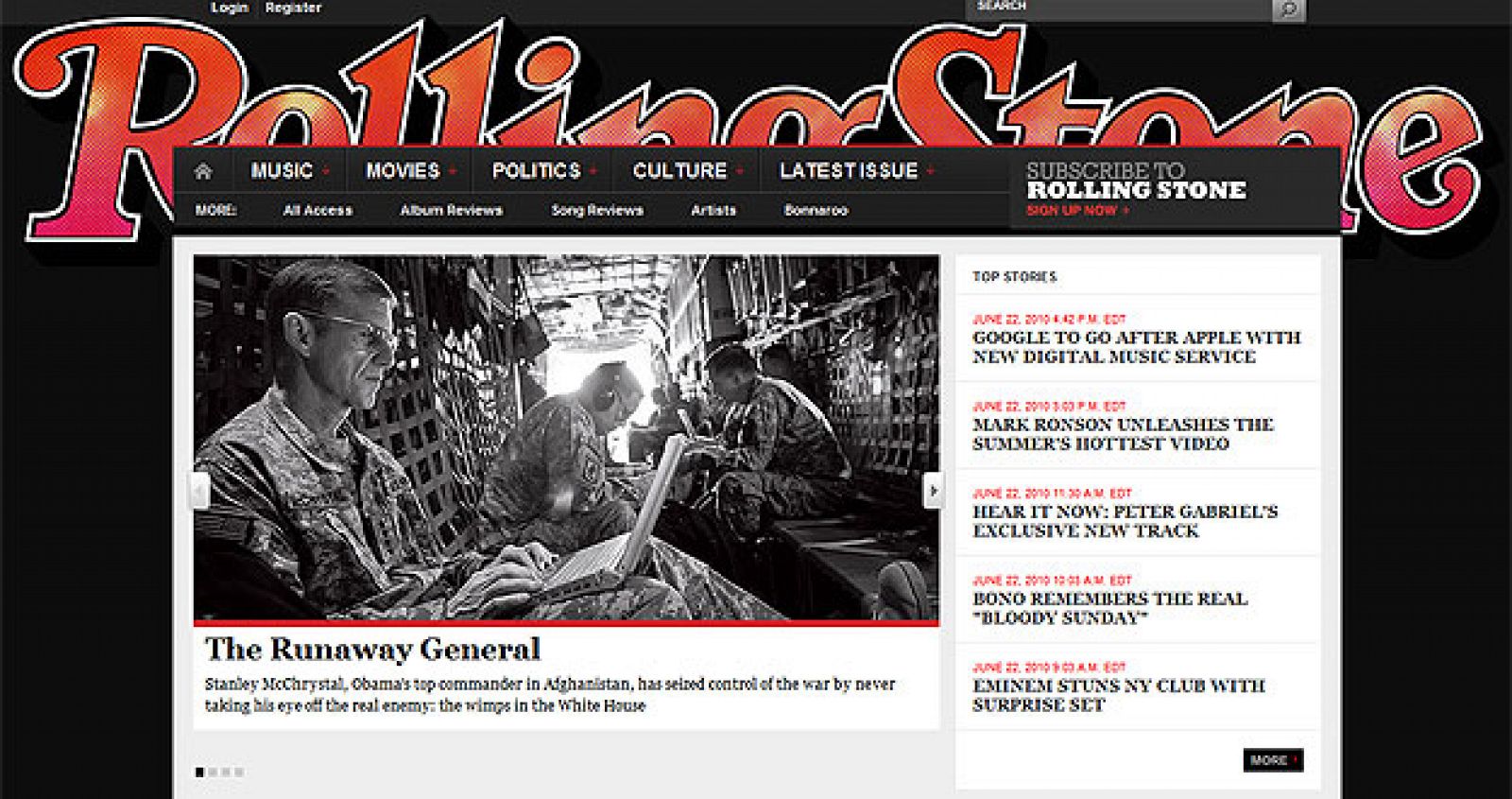 Portada de la página web de Rolling Stone con la exclusiva y polémica entrevista al general Mc Chrystal.