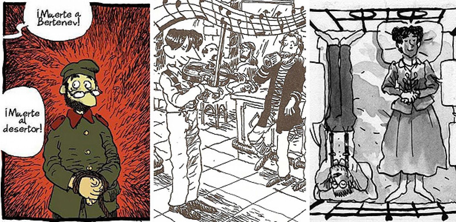 Viñetas de Alfonso Zapico  pertenecientes a 'La guerra del profesor Bertenev', 'Café Budapest' y 'Dublinés'
