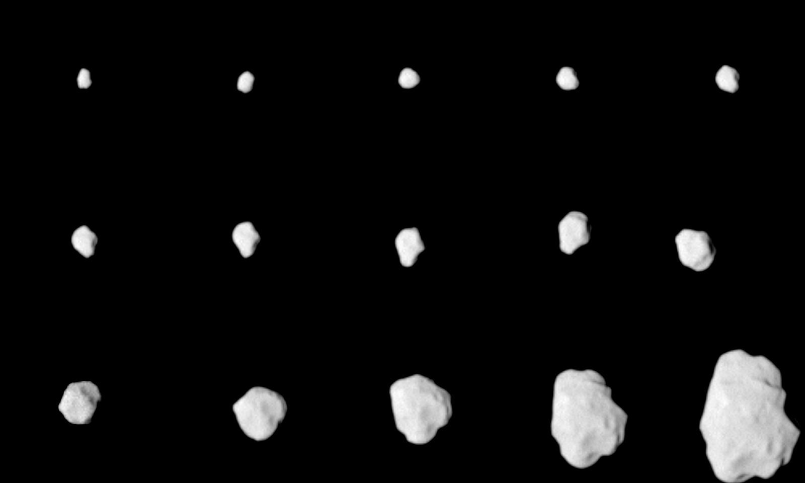 Sucesión de imágenes del asteroide Lutetia durante la aproximación de la sonda Rosetta.