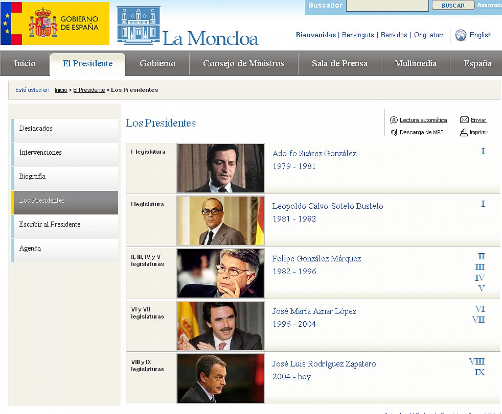 Imagen actual de la relación de presidentes que recoge la web de La Moncloa.