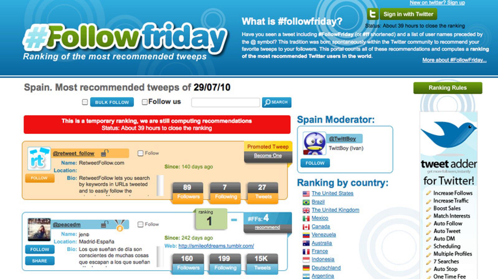 FollowFriday.com, que ha creado un ránking de "los usuarios más recomendados los viernes"