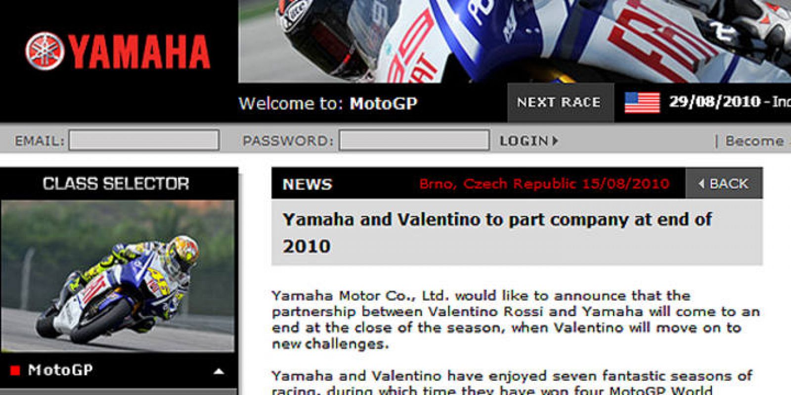 Yamaha despide a Rossi con cariño y a través de un comunicado publicado en su página web.