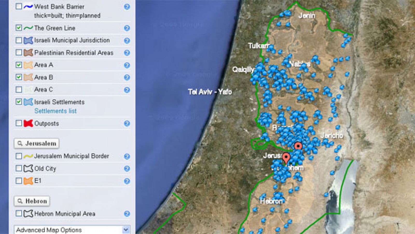 Imagen del mapa que permite ver, actualizado, cómo avanzan las construcciones ilegales israelíes