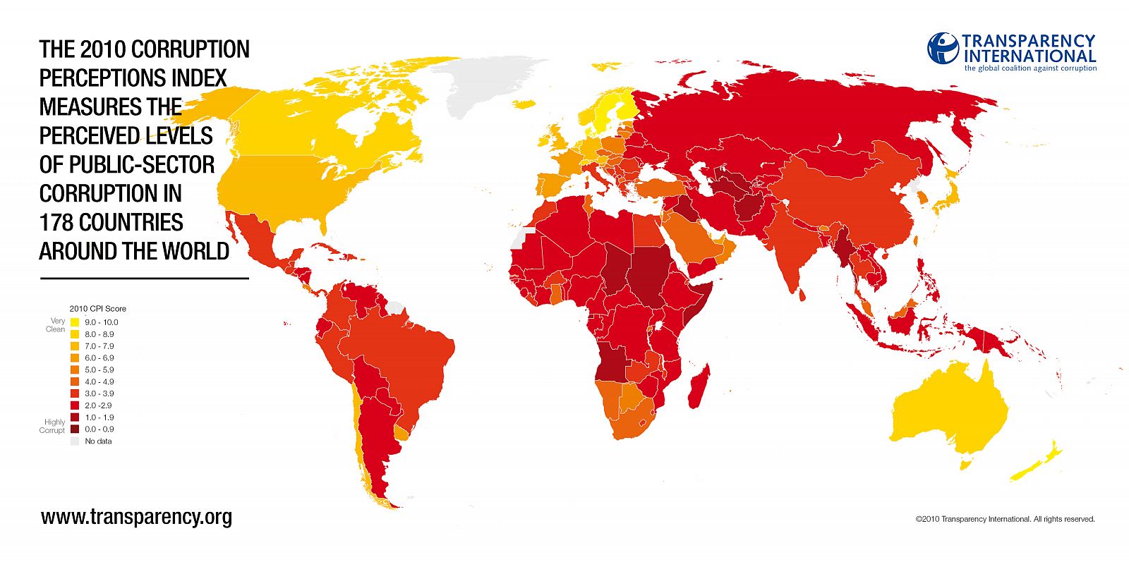 Mapa de la corrupción en el mundo trazado por Transparencia Internacional.