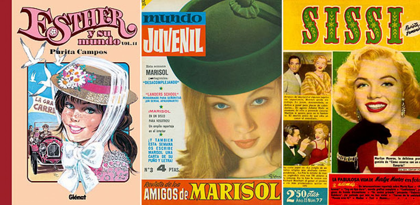 Portadas de 'Esther y su mundo', 'Mundo juvenil' y 'Sissi', tres clásicos de las revistas femeninas
