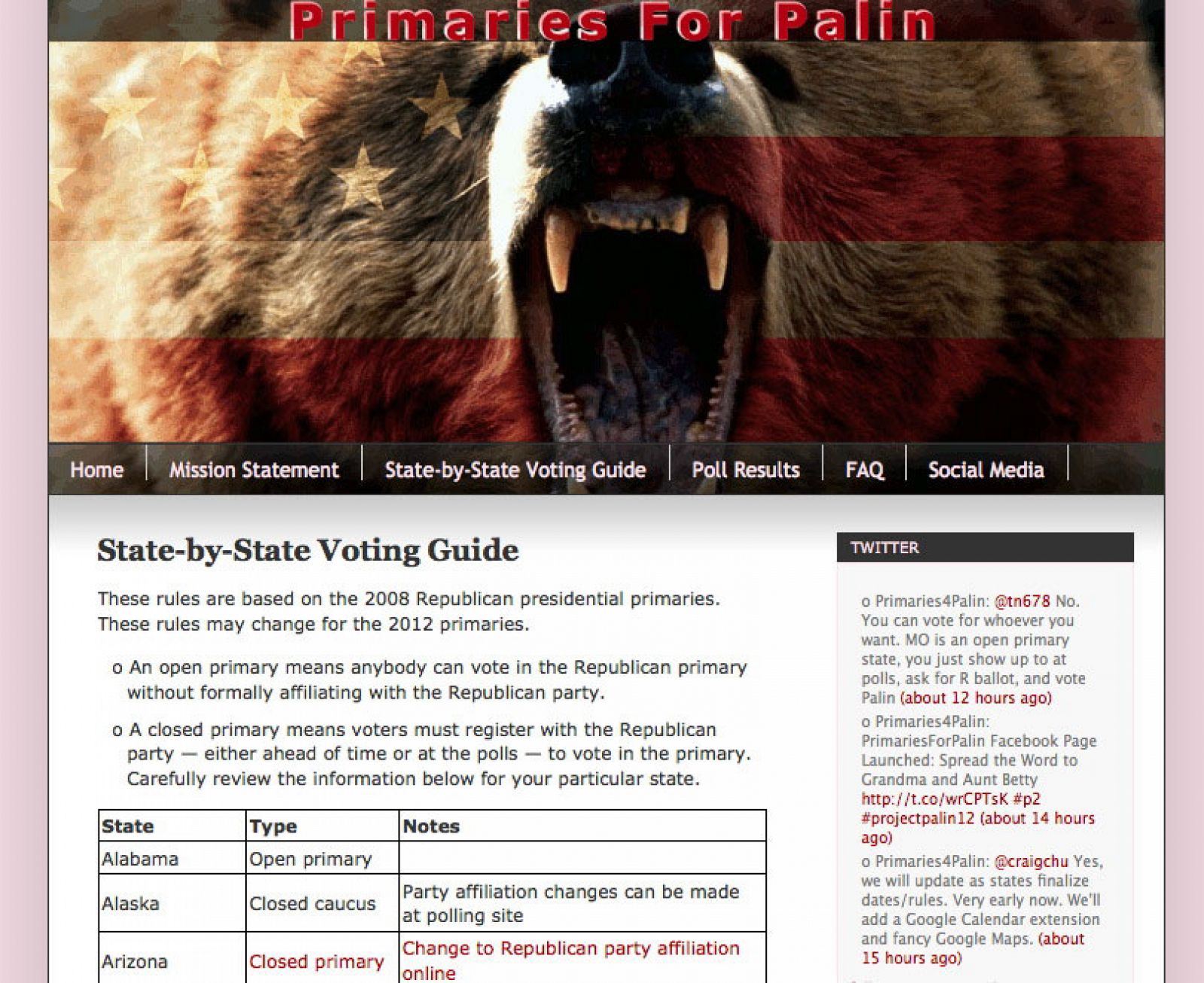 En web de "apoyo a Palin" de momento se está explicando en qué consiste la acción y facilitando a la gente, estado por estado, la información y documentación necesaria para votar en las primarias.