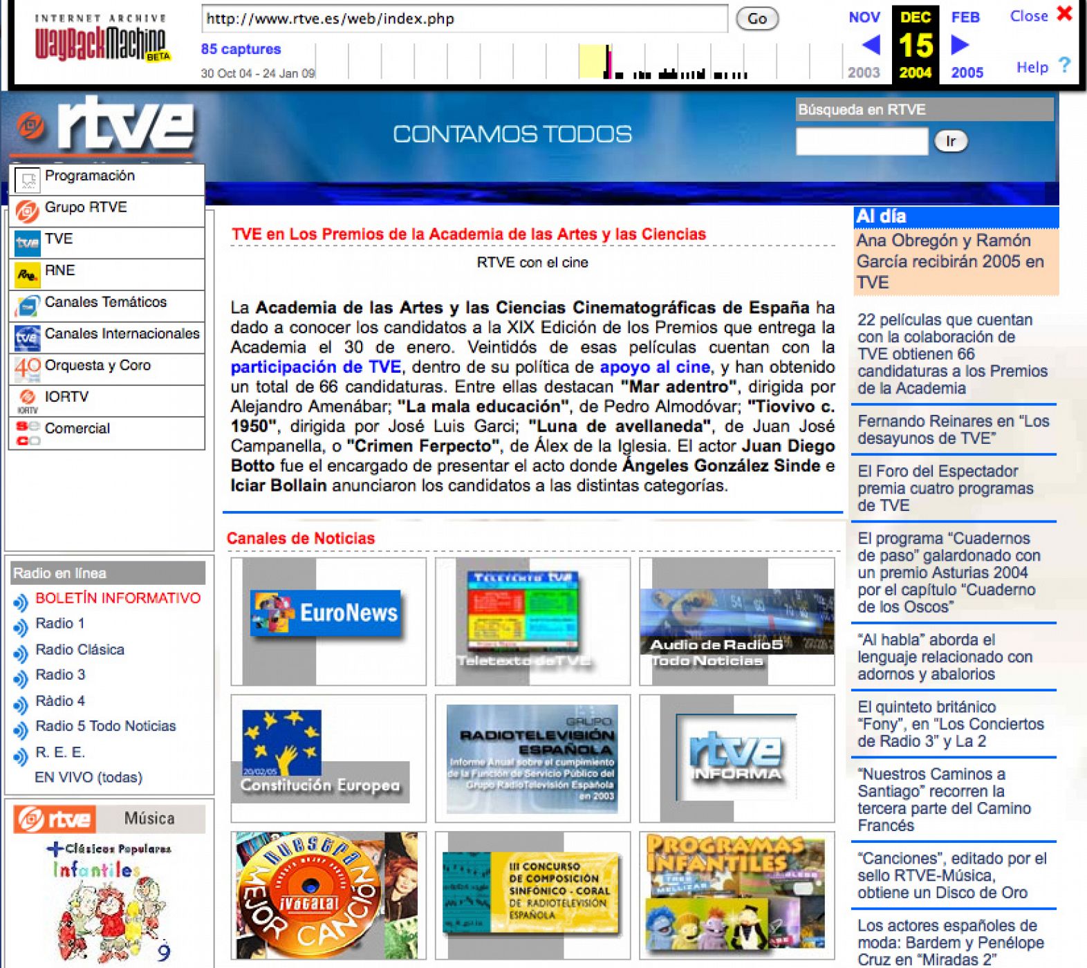 Una de las imágenes recopiladas en Wayback Machine de RTVE.es en 2004.