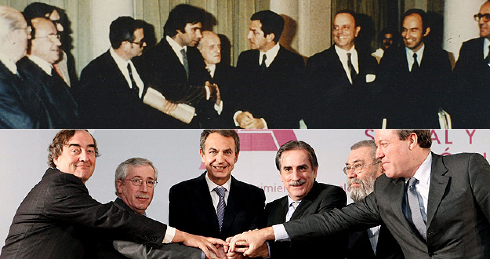 Los Pactos de La Moncloa se firmaron el 25 de octubre de 1977 por todos los partidos políticos. La reforma de las pensiones se ha firmado el 2 de febrero de 2011 en el mismo lugar.