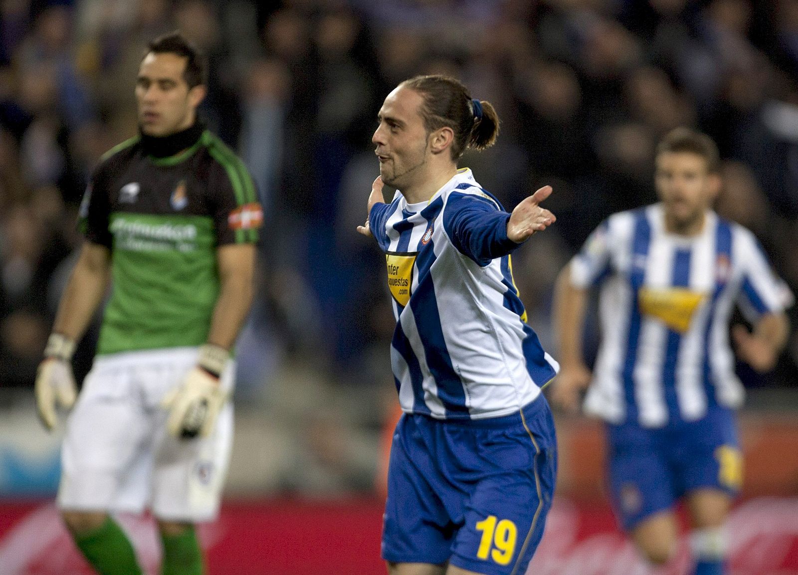 Sergio García celebra la consecución del segundo gol de su equipo frente a la Real Sociedad.