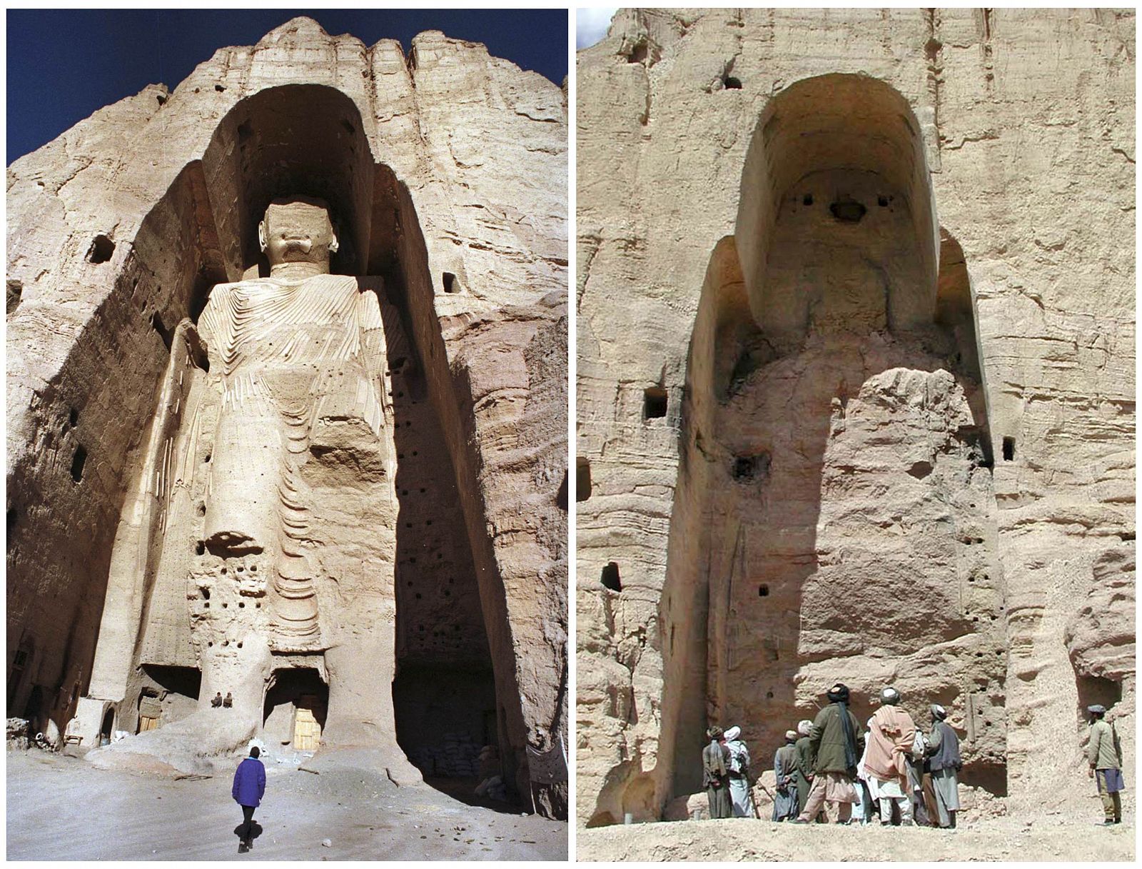 Uno de los budas de Bamiyán antes de ser destruído (1997) y después de la voladura talibán (izq a dcha)