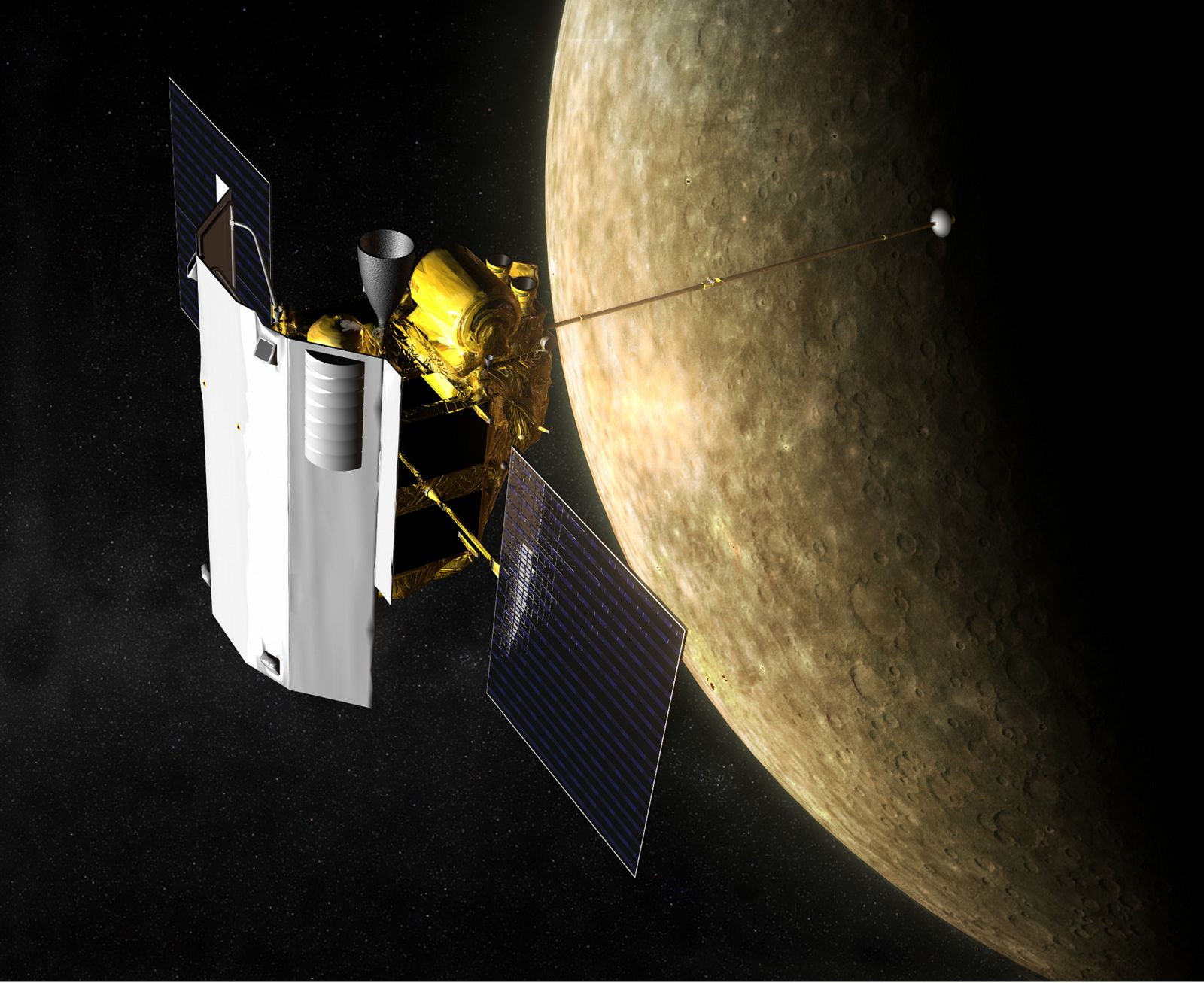Recreación artística de la sonda Messenger en la órbita de Mercurio