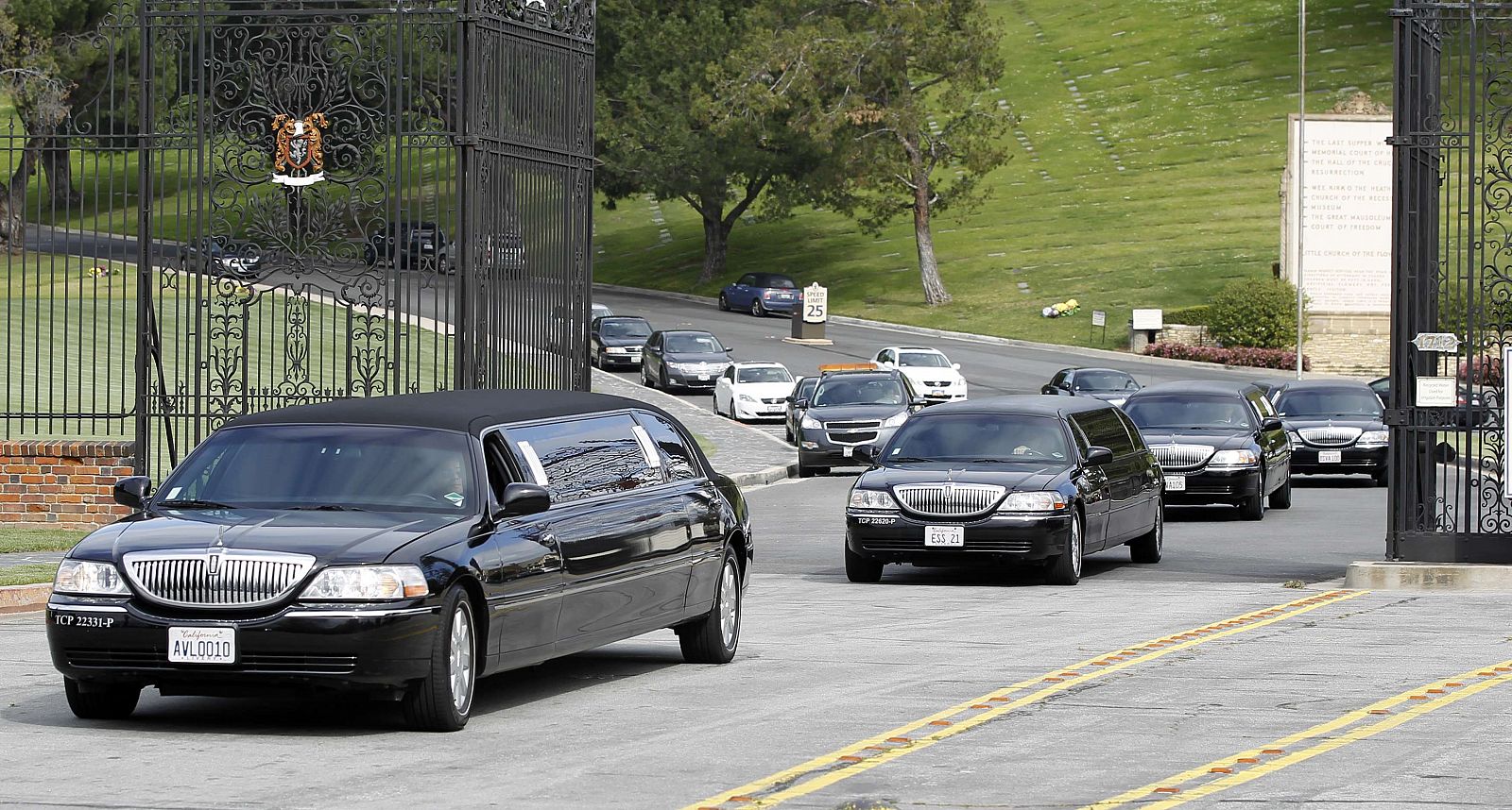 Limousines carrying relatives of late British actress Elizabeth Taylor leave after her funeral at Forest Lawn Memorial Park in Glendale