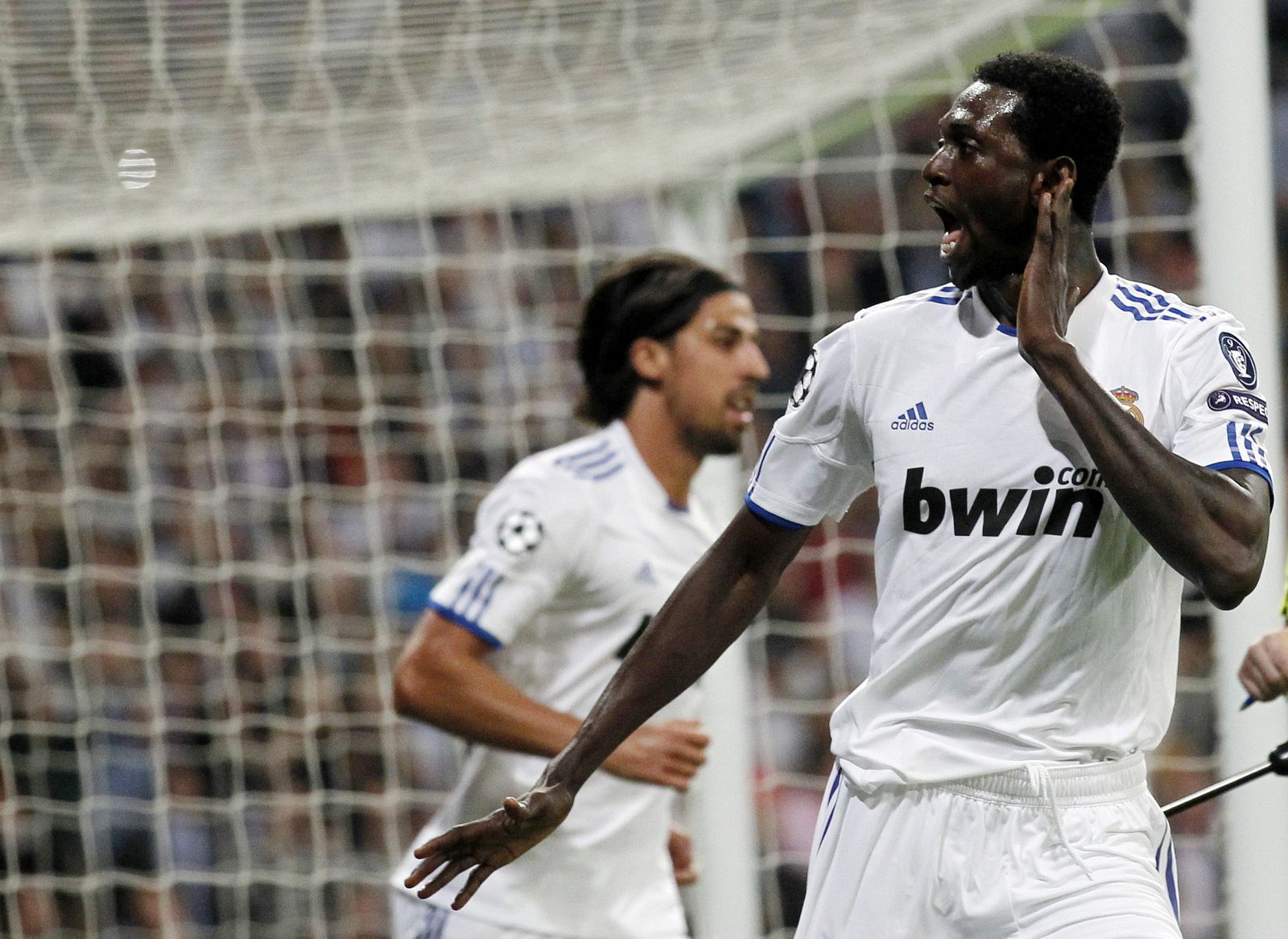 Real Madrid's Adebayor celebrates his second goal against Tottenham Hotspur during their first leg of their Champions League quarter-final soccer match against Tottenham Hotspur in Madrid