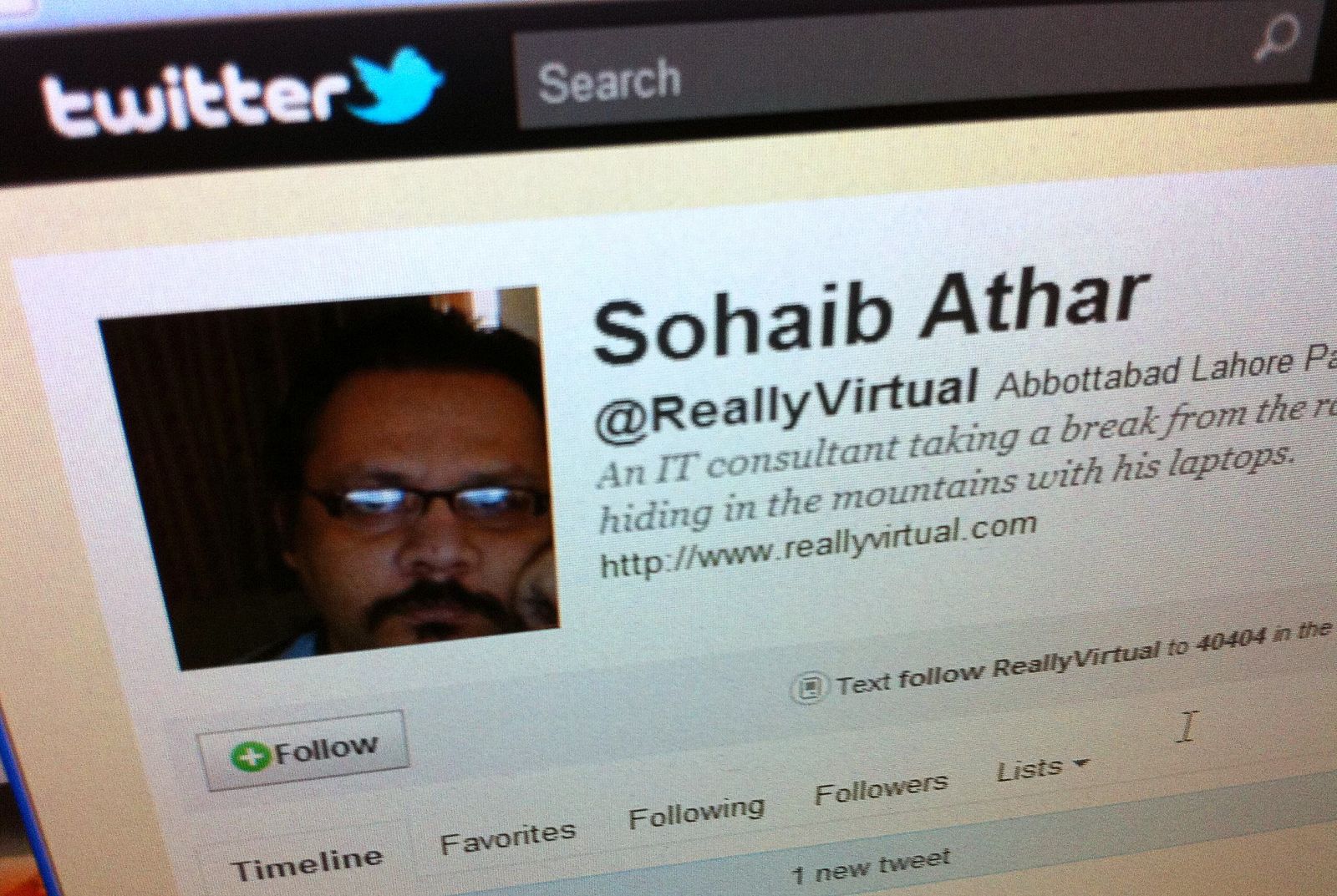 Página de Sohaib Athar, asesor informático, en Twitter