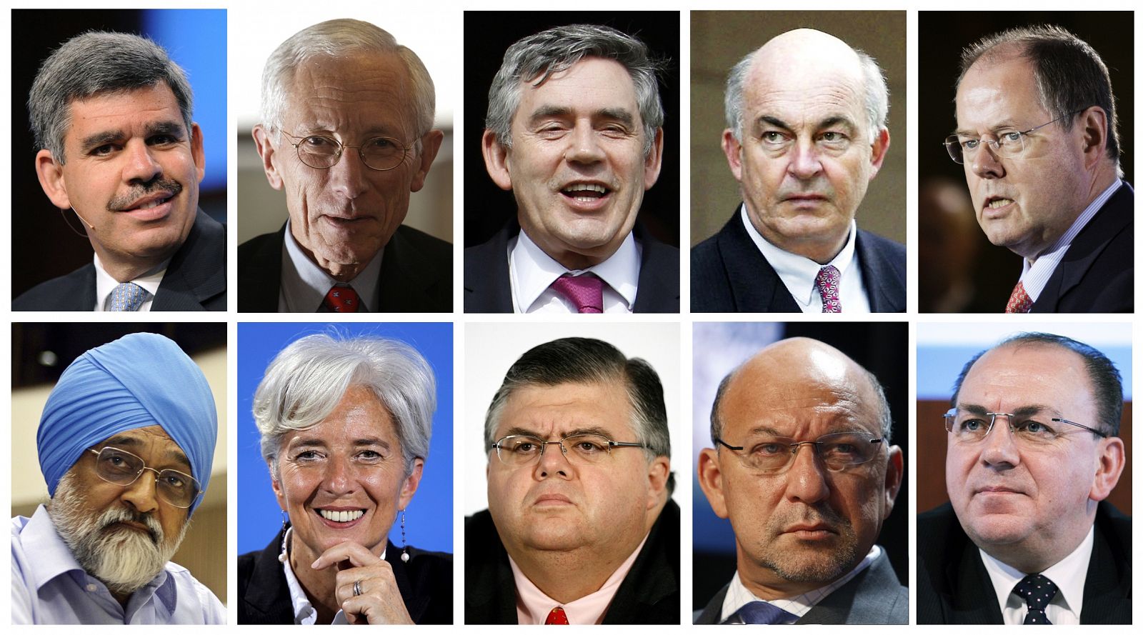 Los posibles sucesores a Strauss-Kahn: en la fila de arriba de izquierda a derecha Mohamed El-Erian, Stanley Fischer de Israel, el exprimer ministro británico Gordon Brown, Kemal Dervis de Turquía, Peer Steinbrueck de Alemania