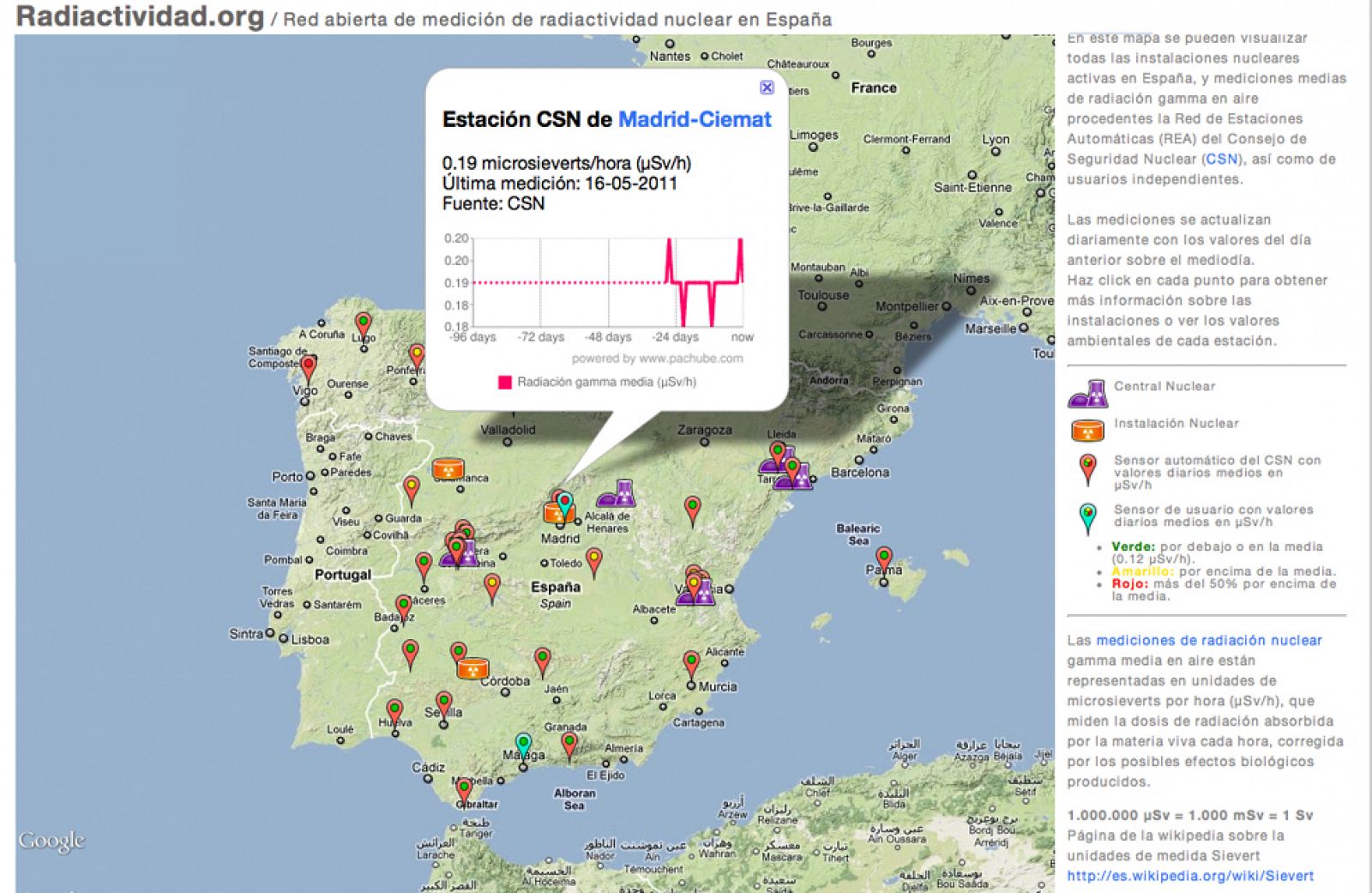 El proyecto muestra las medidas de radiactividad procedentes de las instalaciones nucleares en España