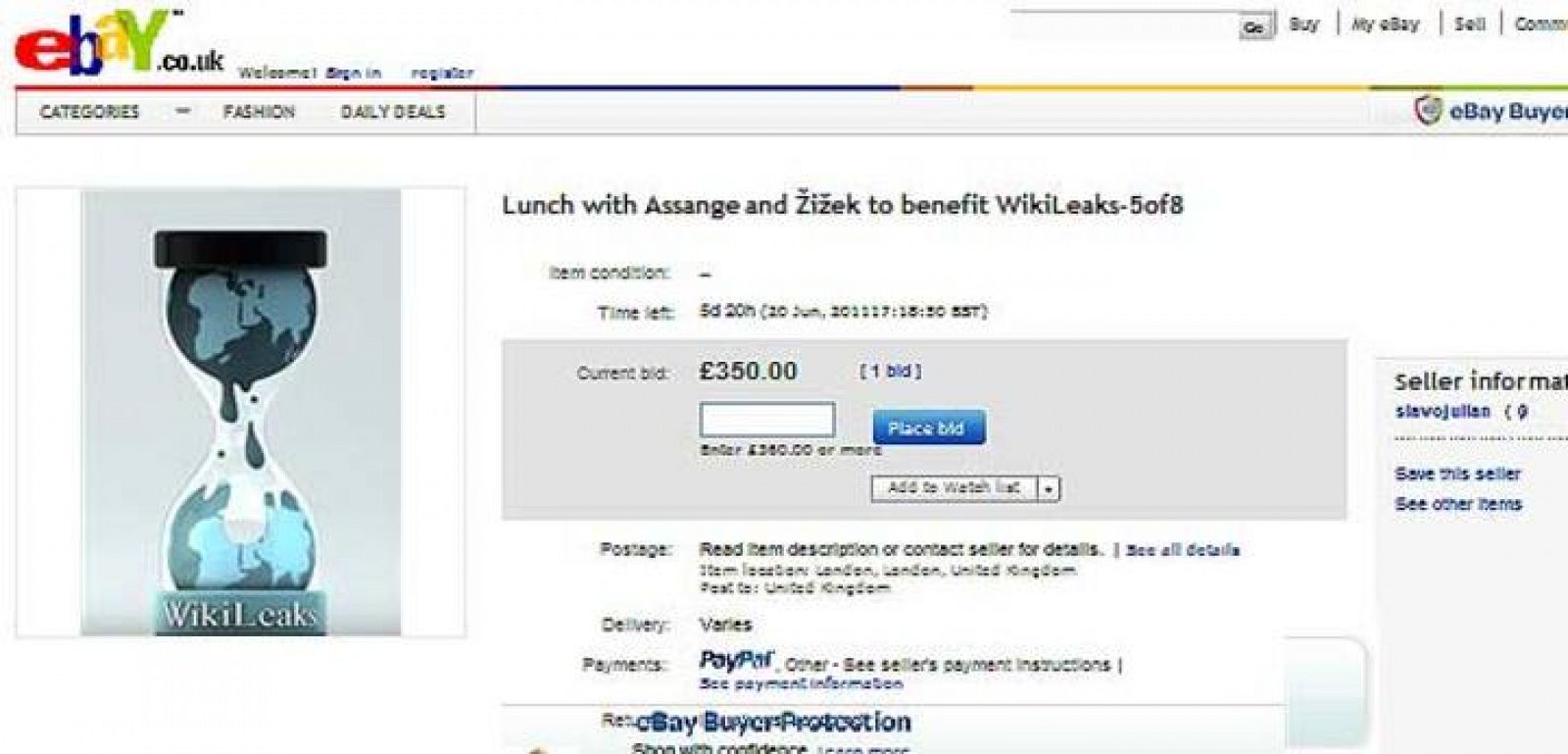 Anuncio de la subasta de la comida con Julian Assange en Ebay.